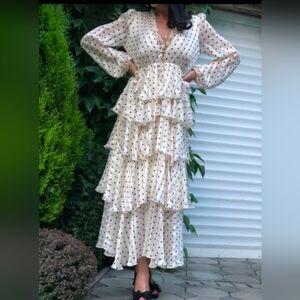 MELLATO 100% Silk Polka Dot Tiered Dress Long Sleeve Size S